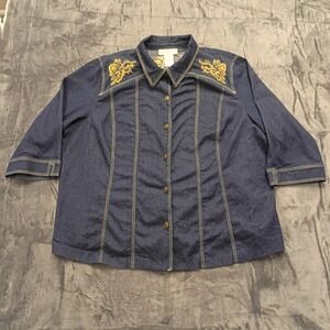 Susan Graver Style Denim Shirt Jacket Gold Embellishment 3/4 Sleeve Women's 2X